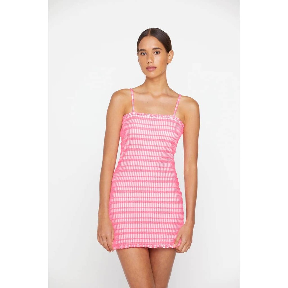 MIKOH Nami Mini Dress Ruffle Trim Textured Plaid Pink size 1 - Small